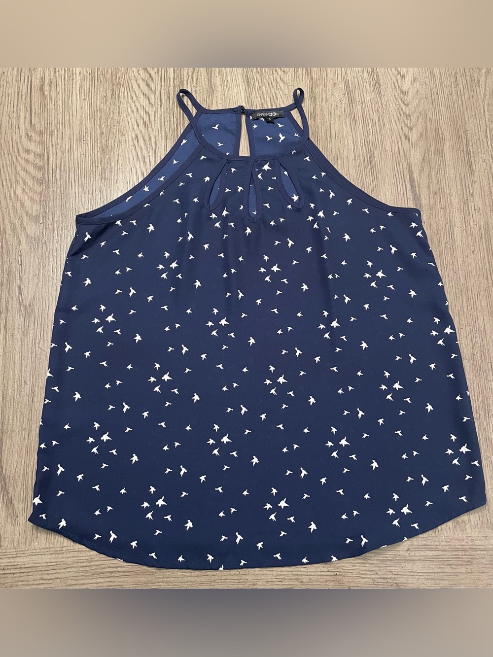 Papermoon women’s top, small, dark blue with cute little white birds. Like new!